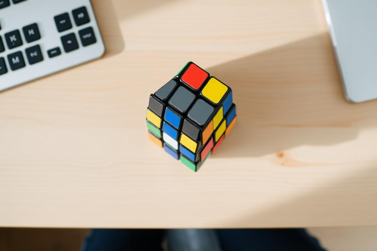 A colorful Rubik's Cube on a light wooden desk