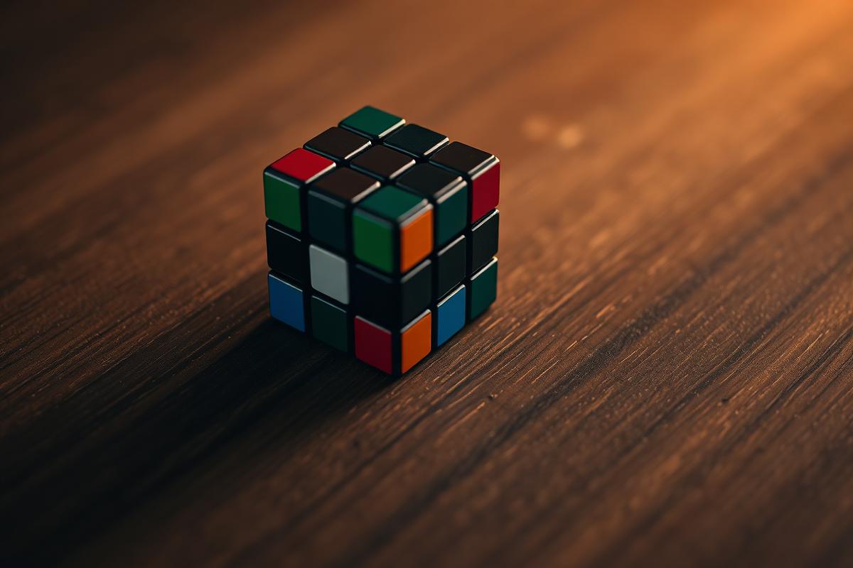 A scrambled Rubik's Cube on a dark wooden surface