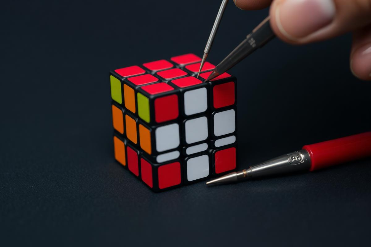 A Rubik's Cube being tuned with small tools on a dark surface