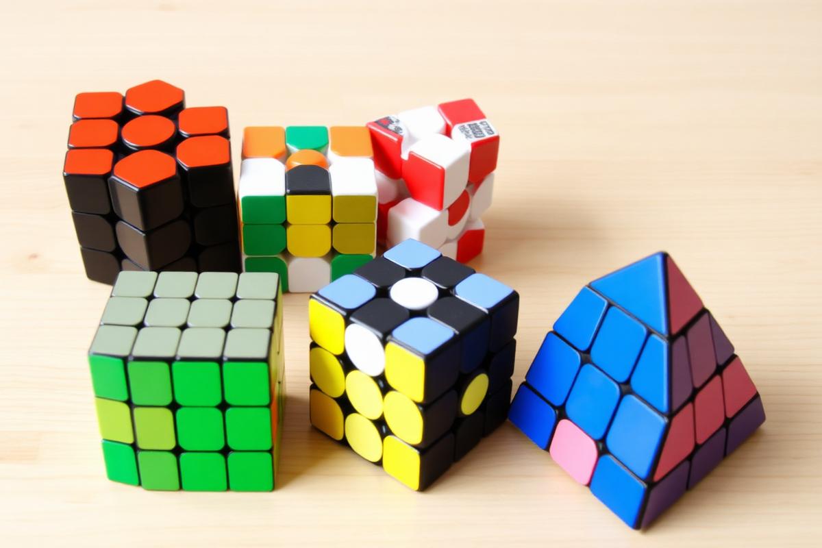 Several twisty puzzles of different shapes and sizes on a wooden table