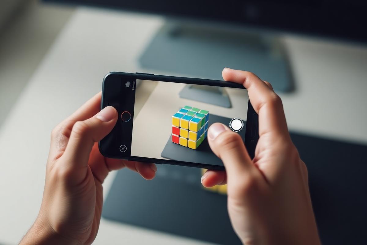 A phone camera pointed at a Rubik's Cube on a table