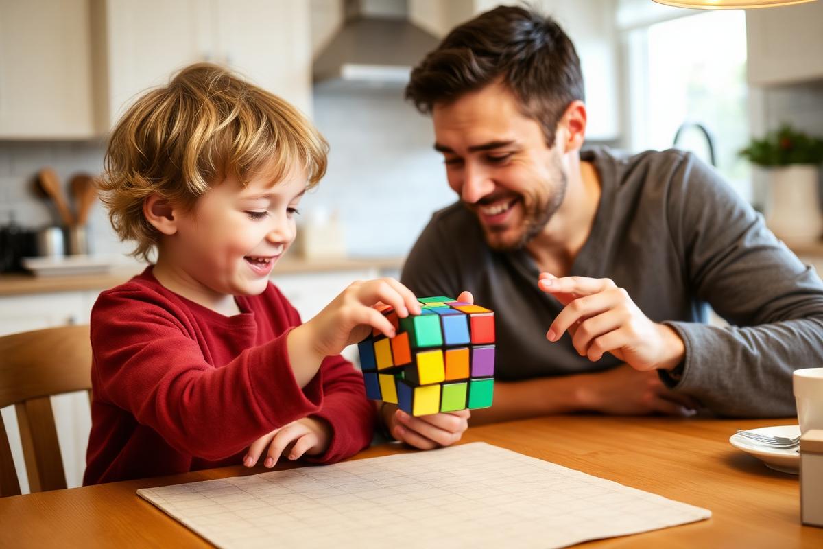 A child and a parent solving a Rubik's Cube together at a kitchen table