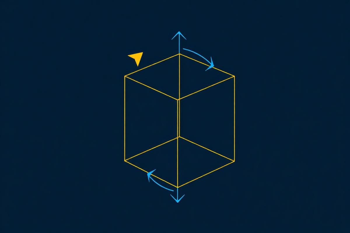Line illustration of cube rotation directions on a navy background
