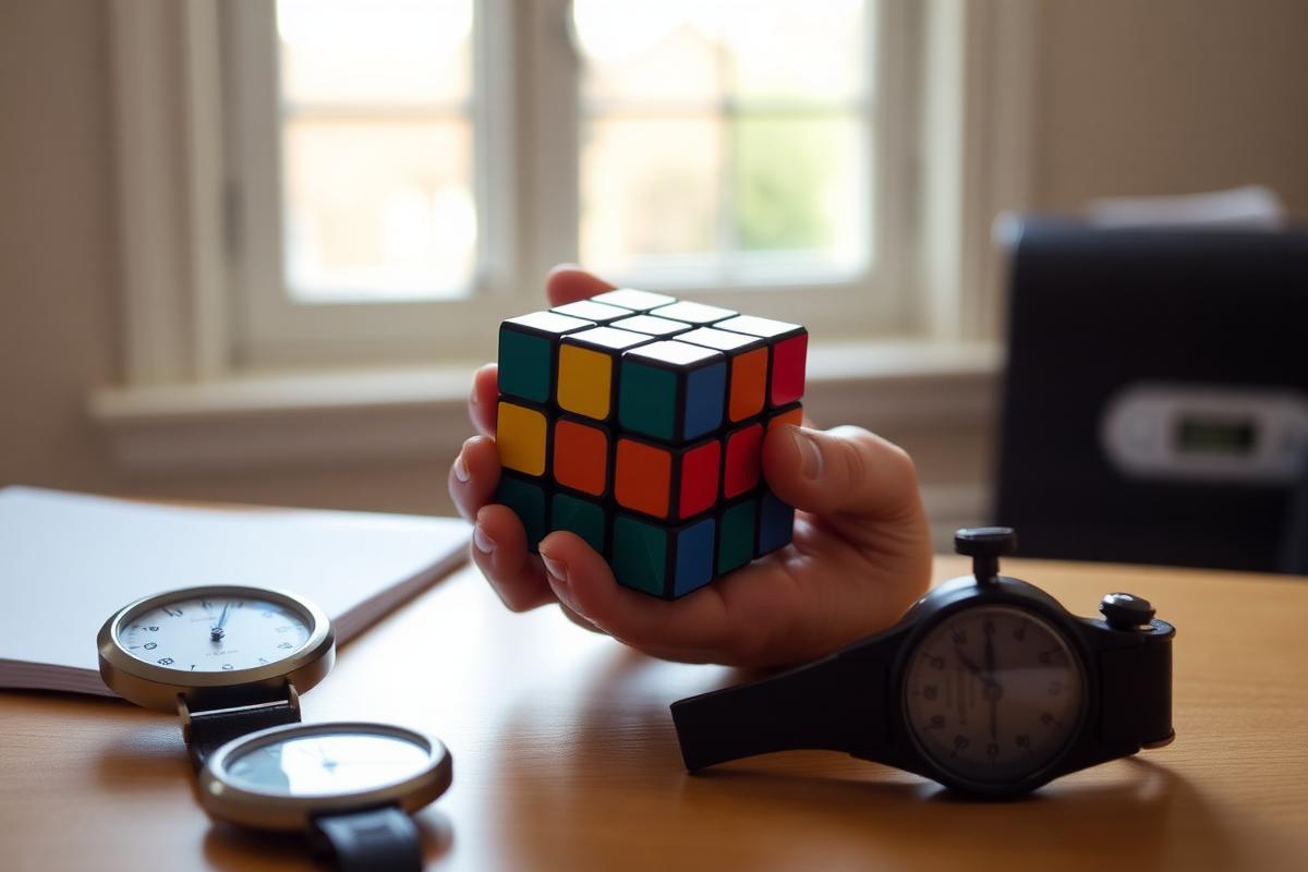A hand holding a Rubik's Cube next to a stopwatch on a desk