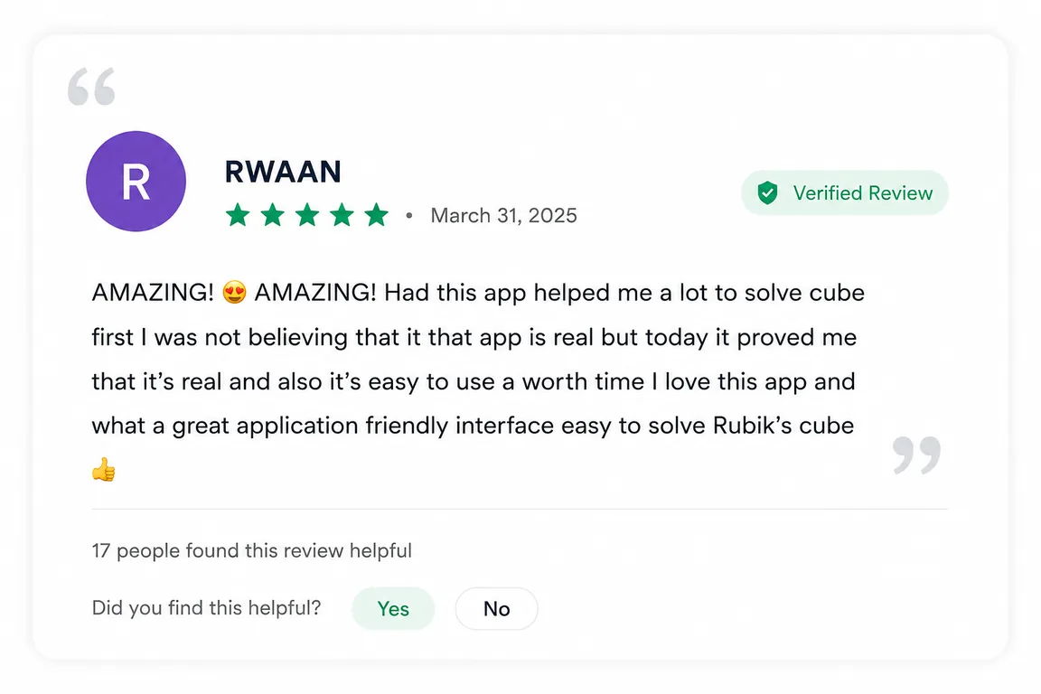 User review of Rubiks Cube Solver from Google Play (review 6 of 18)