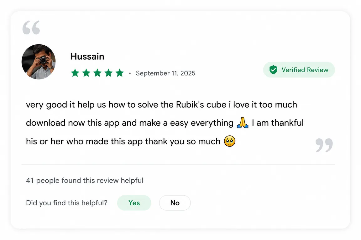 User review of Rubiks Cube Solver from Google Play (review 15 of 18)